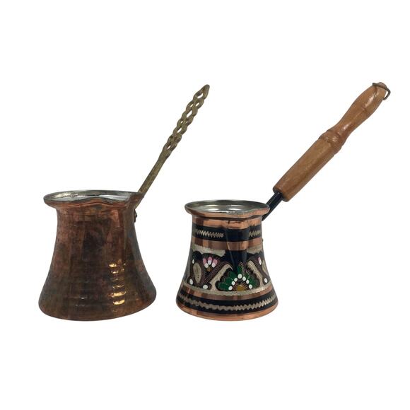 Turkish Coffee Pourer Pot Cezves Copper Color Ornate Art Long Handles Bundle - Picture 1 of 9